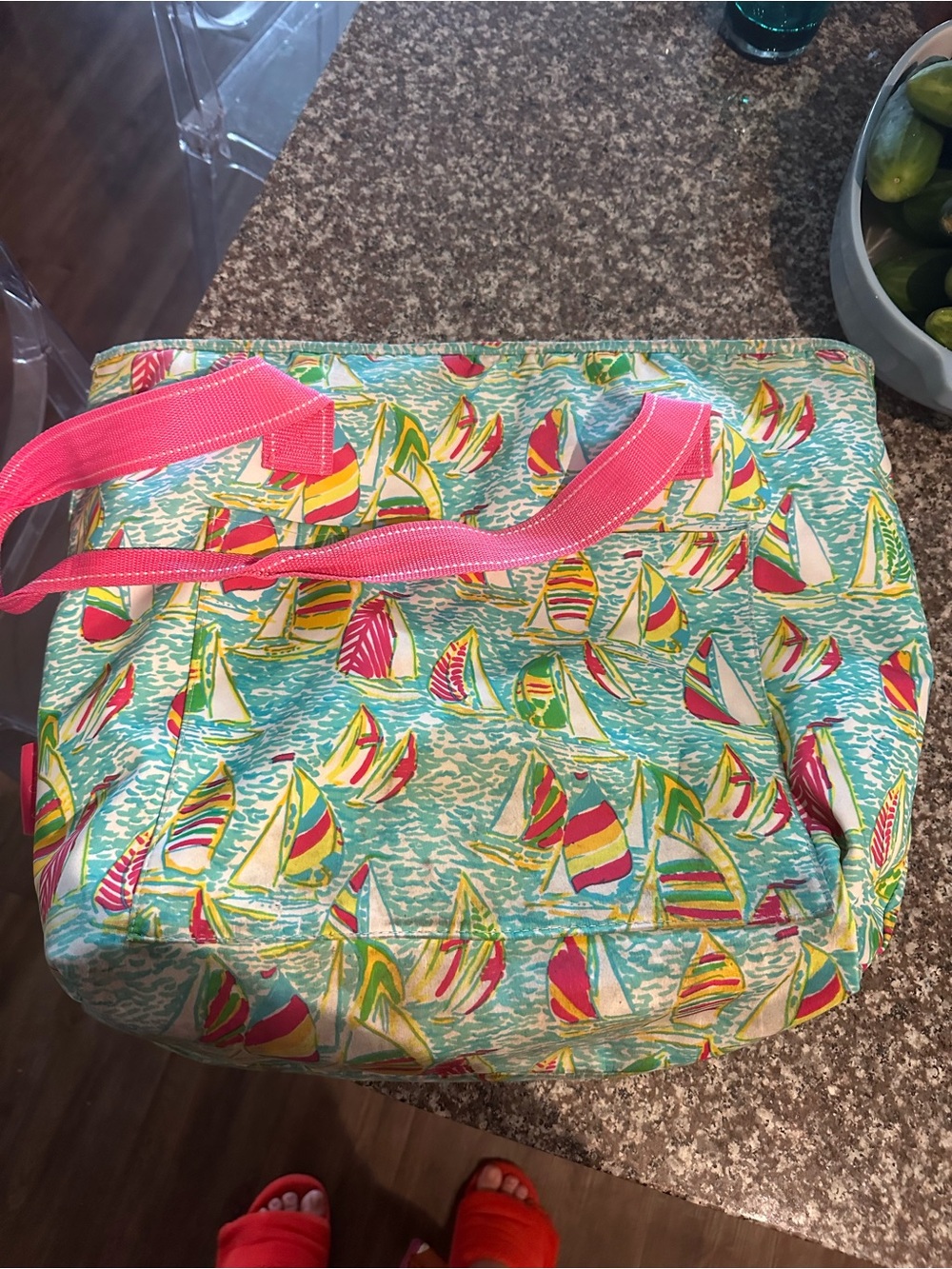 Colorful Sailboat Print Tote with Pink Handles
